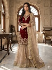 Elegant Designer Maroon Silk Kurta Palazzo With Dupatta For Wedding Wear
