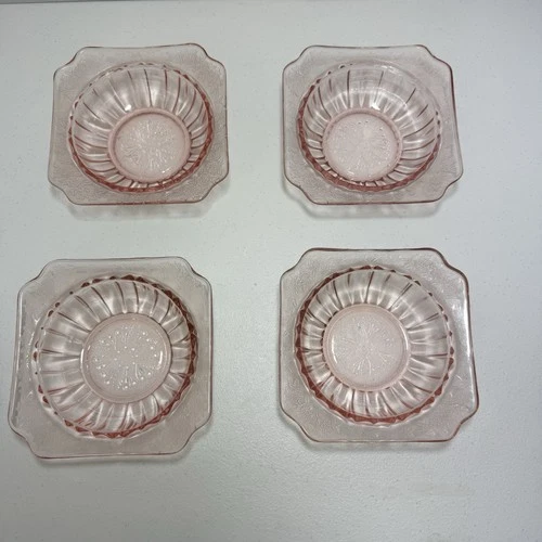 4 Vintage Pink Depression Glass Square Floral Fruit Bowls  Jeanette Glass Adam