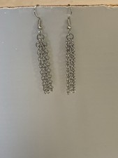 Silvertone Chain Tassel Pierced Earrings Dangle Flow Long Metal Hook
