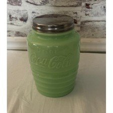 Vintage Style Coca-Cola Jadeite Green Ribbed Glass Cookie Jar Metal Lid