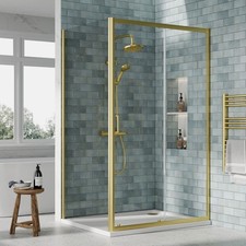 Nuie Rene Brushed Brass Sliding Door Shower Enclosure 6mm Glass with Tray Waste