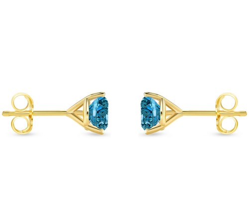 1.25 Ct Round Blue Created Diamond Earrings Real 18K Yellow Gold Martini Push - Picture 3 of 3