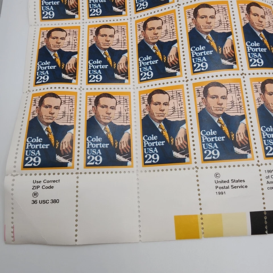 US Postal Stamp Plate Block 1991 Cole Porter American Composer 29 Cent Sheet 39 - Image 4 of 4