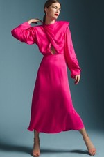 NWT Farm Rio Draped Satin Long-Sleeve Cutout Hot Pink Midi Evening Dress Size XS