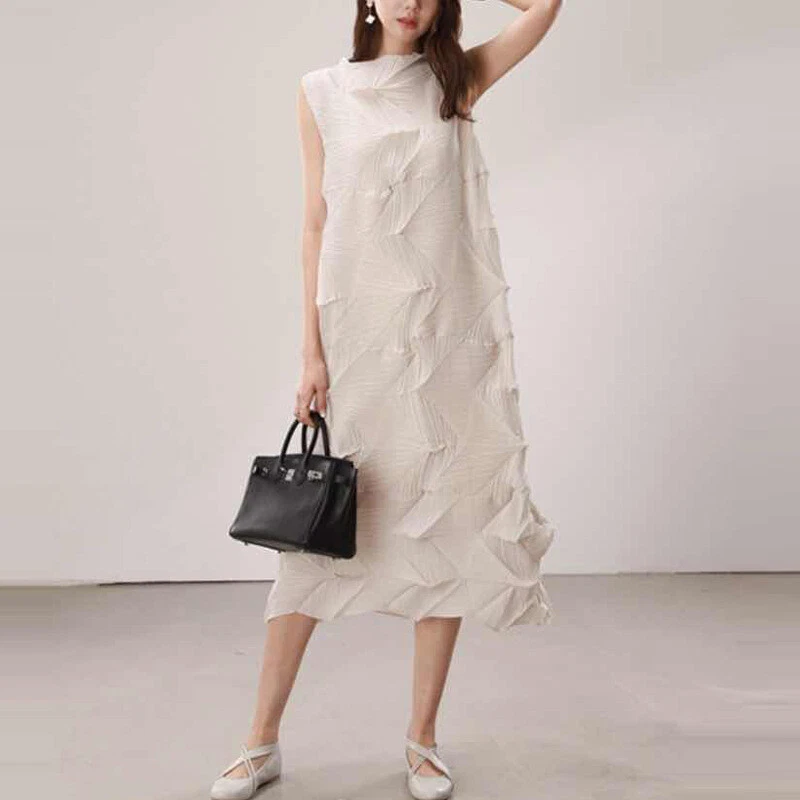 OFF WHITE Abito donna smanicato plissettato elasticizzato medio lungo sciolto moda donna estivo tg