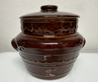 Vtg Marcrest Daisy Dot Stoneware Brown Glazed Bean Pot Cookie Jar 7''