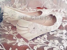 su.cheny Flat/4cm/7.5cm/wedge white pearl chain flats lace Wedding Bridal shoes