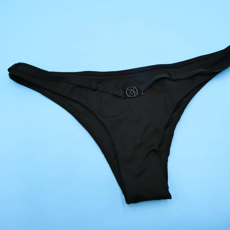Victorias Secret Medium Black Ribbed Thong T Shape Belted Bikini Bottom Swimwear - Image 2 of 4
