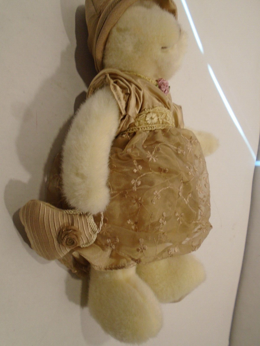 Russ Berrie Plush Bear Aurora White in silky dress hat purse. stands 12 Russ Berrie Plush Bear Aurora White in silky dress hat purse. stands 12