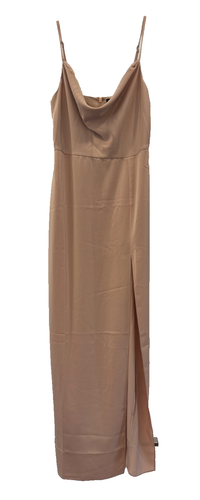 NBD Lila Maxi Satin Cowl Neck Dress Adjustable Strap Side Slit Beige Size S