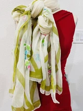 Vintage Beige Garden Floral Hand Painted Elegant Rectangular Scarf