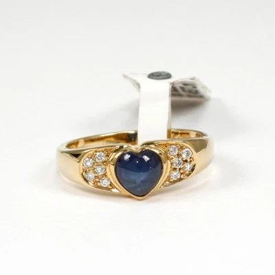 Bague Romantique En Or 585 Avec Cœur En Saphir Et Diamant 0,10 Carat Blanc, Si - Photo 1/3