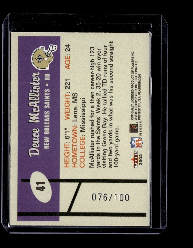 2002 Fleer Platinum Finish #41 Deuce McAllister #/100 - Image 2 of 2