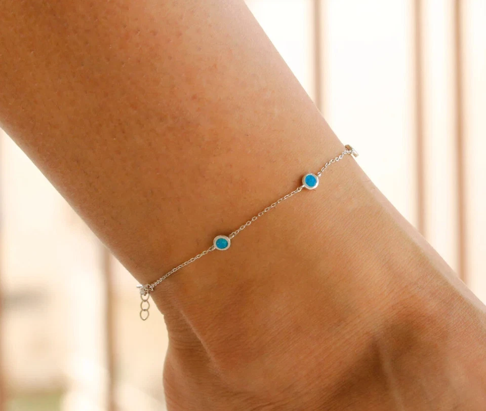 Anklet 1.30Ct Created Blue Opal Charm Women's Wedding Gift 14K White Gold Finish - Image 3 of 4