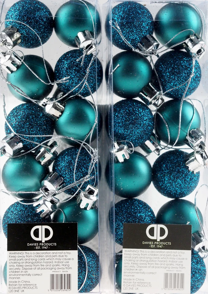THEME MACHINE Mini Christmas Tree Baubles Glitter Decorations - Teal / Ocean Blue (Set of 24)