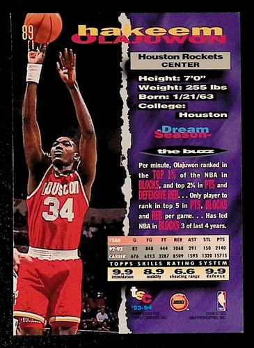 Tarjeta de baloncesto #89 Hakeem Olajuwon 1993-94 Topps TSC HOUSTON ROCKETS - Imagen 2 de 2