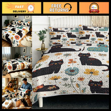 Queen Quilt Set with Daisies Cats - 3-Piece Bedspread for Cozy Bedroom Decor