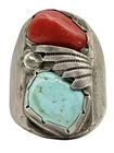 Vintage Navajo Sterling Silver Blue Turquoise & Red Coral Heavy Ring Size 12.25