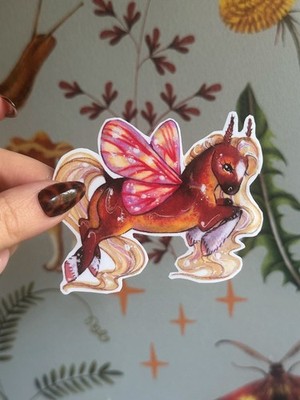 Fantasy horse butterfly moth fairy pink vinyl sticker 3  original art by ASV