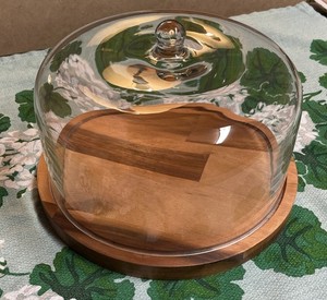 RARE Cake Platter Hearth & Hand with Magnolia Glass Dome & Wood Plate Beautiful