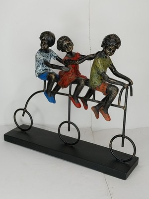 Children Riding Bike Sculpture Art Home Office Table Decor Vintage Bronze Finish