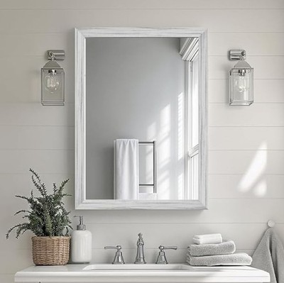 White Wood Effect Framed Wall Mirror, 24x32 Rectangle Mirror, 1/8 Anti-desilveri