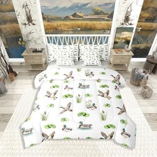 Mallard Ducks 7 Pieces Bedding Set Size,Cabin Hunting Queen Green,grey,white