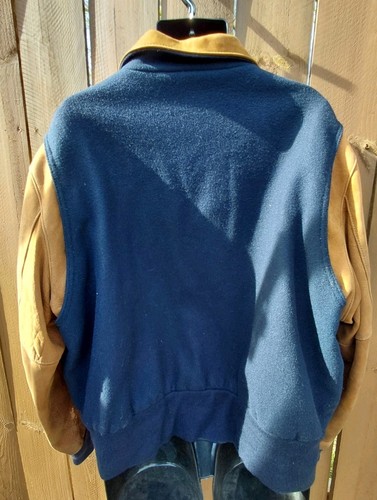 Chaqueta de bombardero Reed Sportsman para hombre XL marrón vintage azul años 90 lana cuero mangas - Imagen 5 de 19