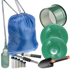 Sluice Monkey Gold Panning Kit 10"  12" Gold Pans, 4 Mesh 6" Classifier, Vials,