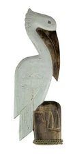 White Wood Coastal Pelican Perched On Nautical Piling Wall Sculpture 24 inch