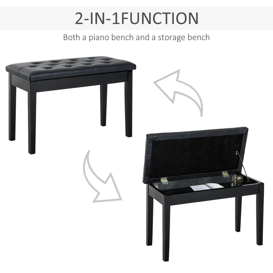 Piano Bench Solid Wood Black 76x36x50cm Padded Faux Leather Tufted Seat Storage - Image 4 of 4
