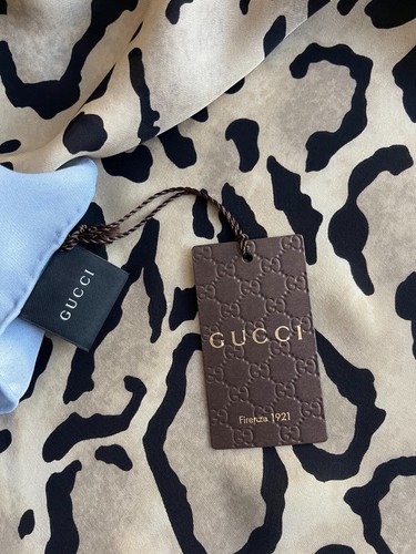 New Gucci Oversize Shawl Blue Chiffon Logo Animal Leopard Print Silk Wrap Scarf - Picture 11 of 21
