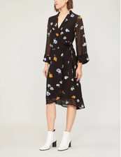GANNI Dainty Georgette Black Floral Wrap Dress UK 8 EU 36 US 4 S Perfect £180