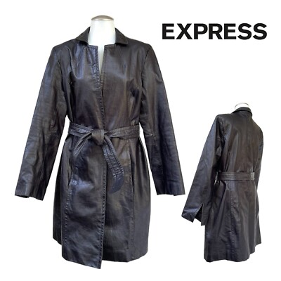 Vintage 90s EXPRESS Womens M 11 12 Long Leather Trench Coat
