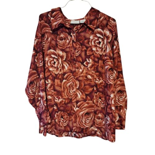 Jaclyn Smith Womens 24W 3X Dark Floral Button Up Blouse Office Work Cottagecore