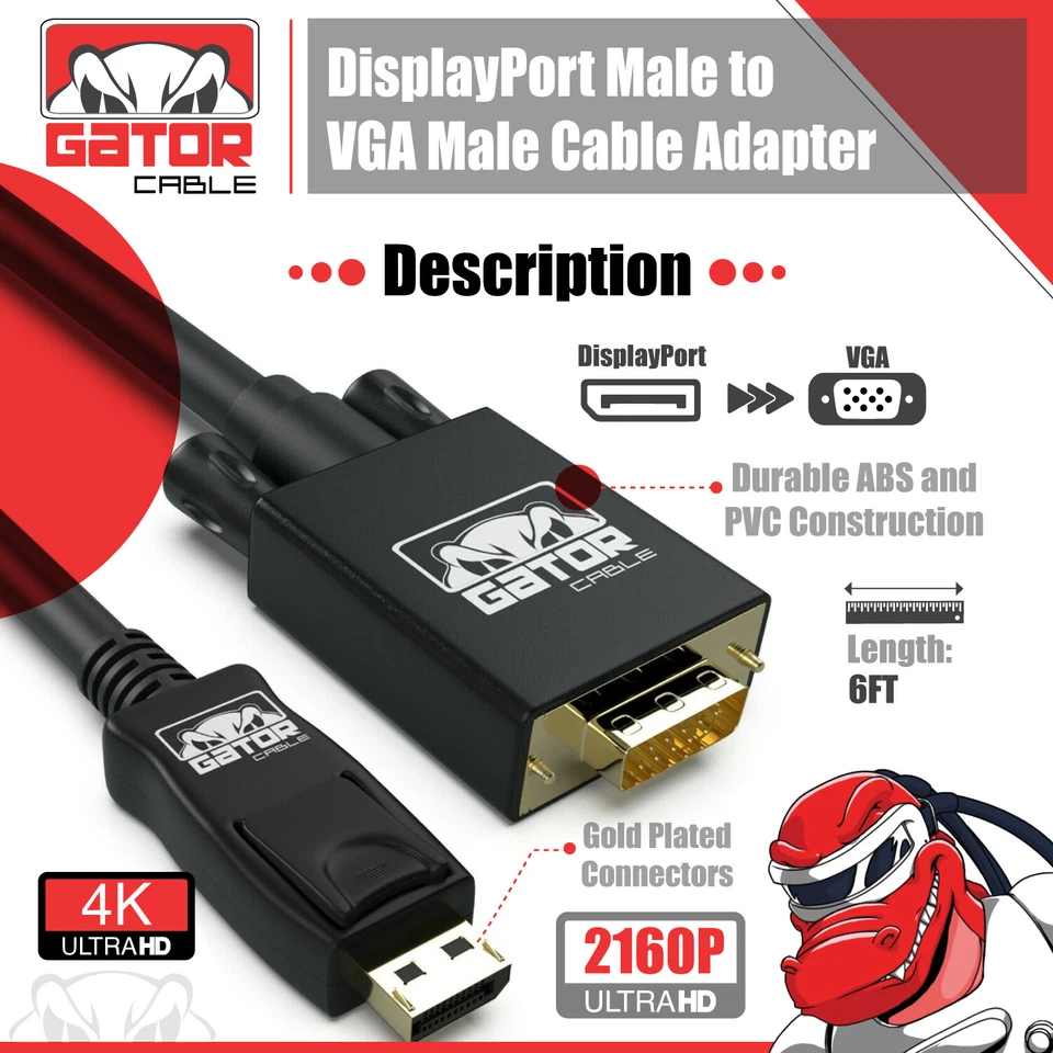 DisplayPort to VGA Cable Adapter For HDTV PC Desktop Monitor Video 4K 1080P 6FT - Image 3 of 4