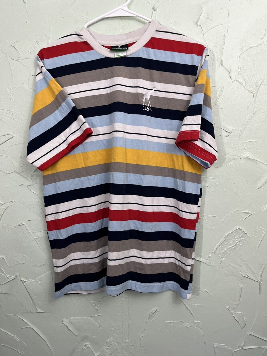 LRG Men's T-Shirt Medium Blue Red Yellow Stripes Giraffe Logo