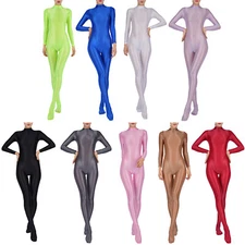 Women's Shiny Oil Glossy Body Stocking Smooth Stretchy Zipper Full Bodysuits