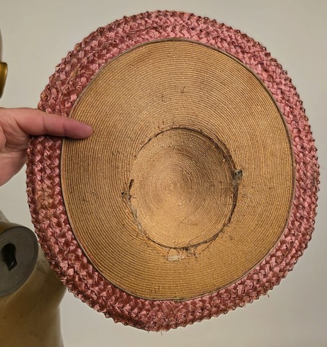 VICTORIAN 19TH C NATURAL STRAW DISK HAT W PINK STRAW TRIMMED UNDER BRIM - Picture 4 of 5
