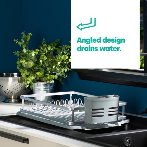 LIVIVO Aluminium Dish Drainer Rack Grey w/ Cutlery Holder & Removable Drip Tray - Picture 3 of 19