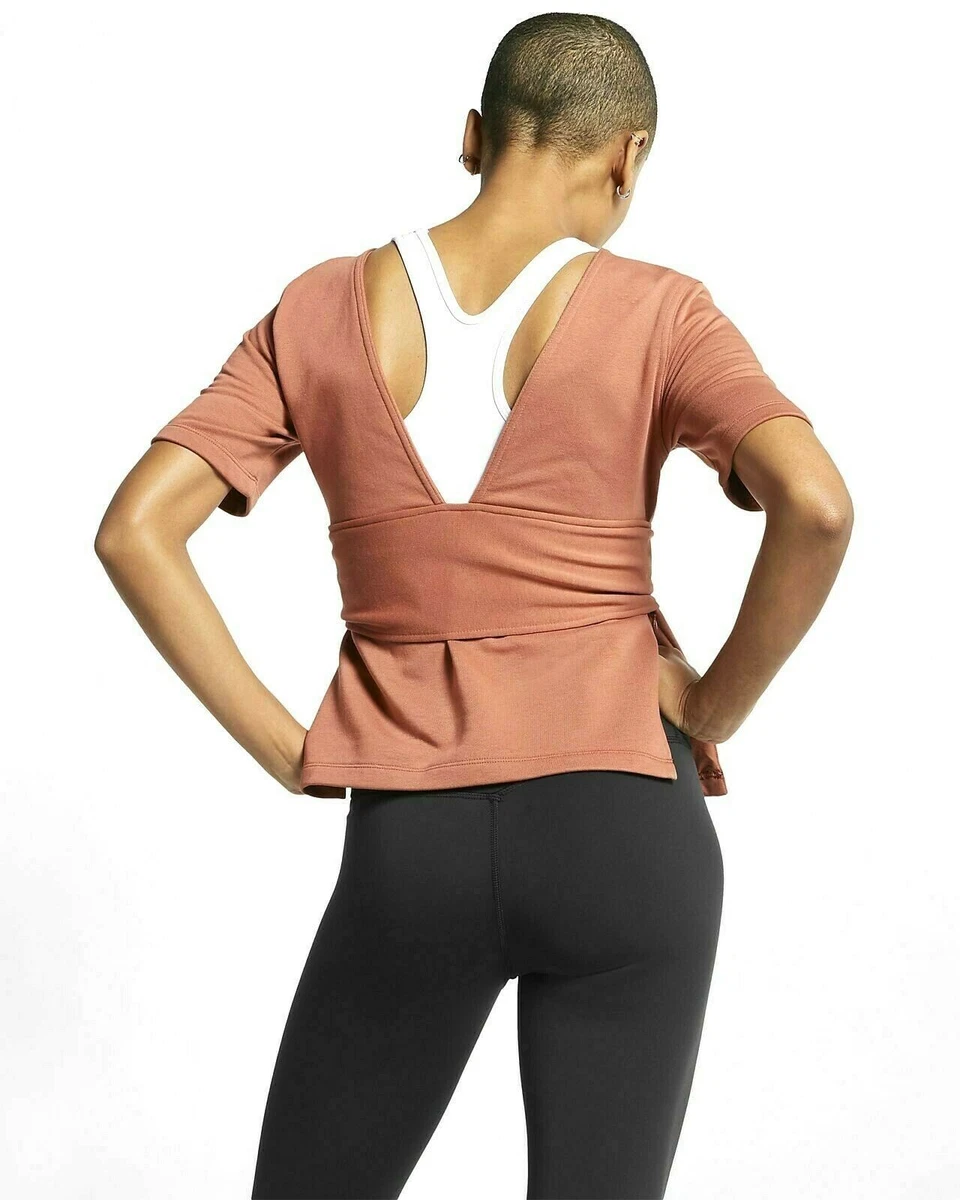 NIKE YOGA STUDIO WOMENS SHORT SLEEVE TRAINING WRAP TOP T-shirt Pink Brown  Large