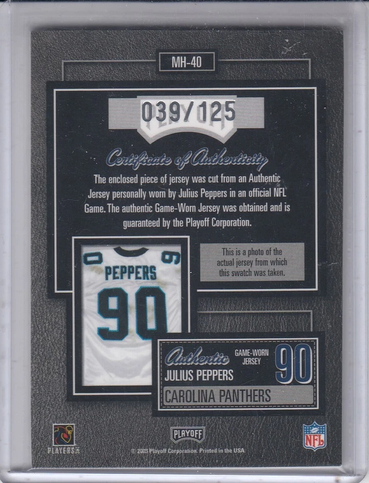 JULIUS PEPPERS 2003 Playoff Hogg Heraven Material Hogg Silver 39/125 Panthers - Image 2 of 2