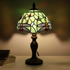 Dragonfly Tiffany Table Lamp Green Stained Glass Accent with Bronze Base 14
