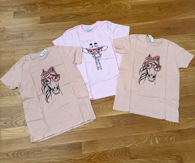 Lot of 3 Bella+Canvas Youth Girls S 6-8 T-Shirts 2 Tan Horse 1 Pink Giraffe