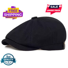 8 Panels Newsboy Flat Cap Mens Peaky Blinders Baker Golf Driving Boy (BLACK)