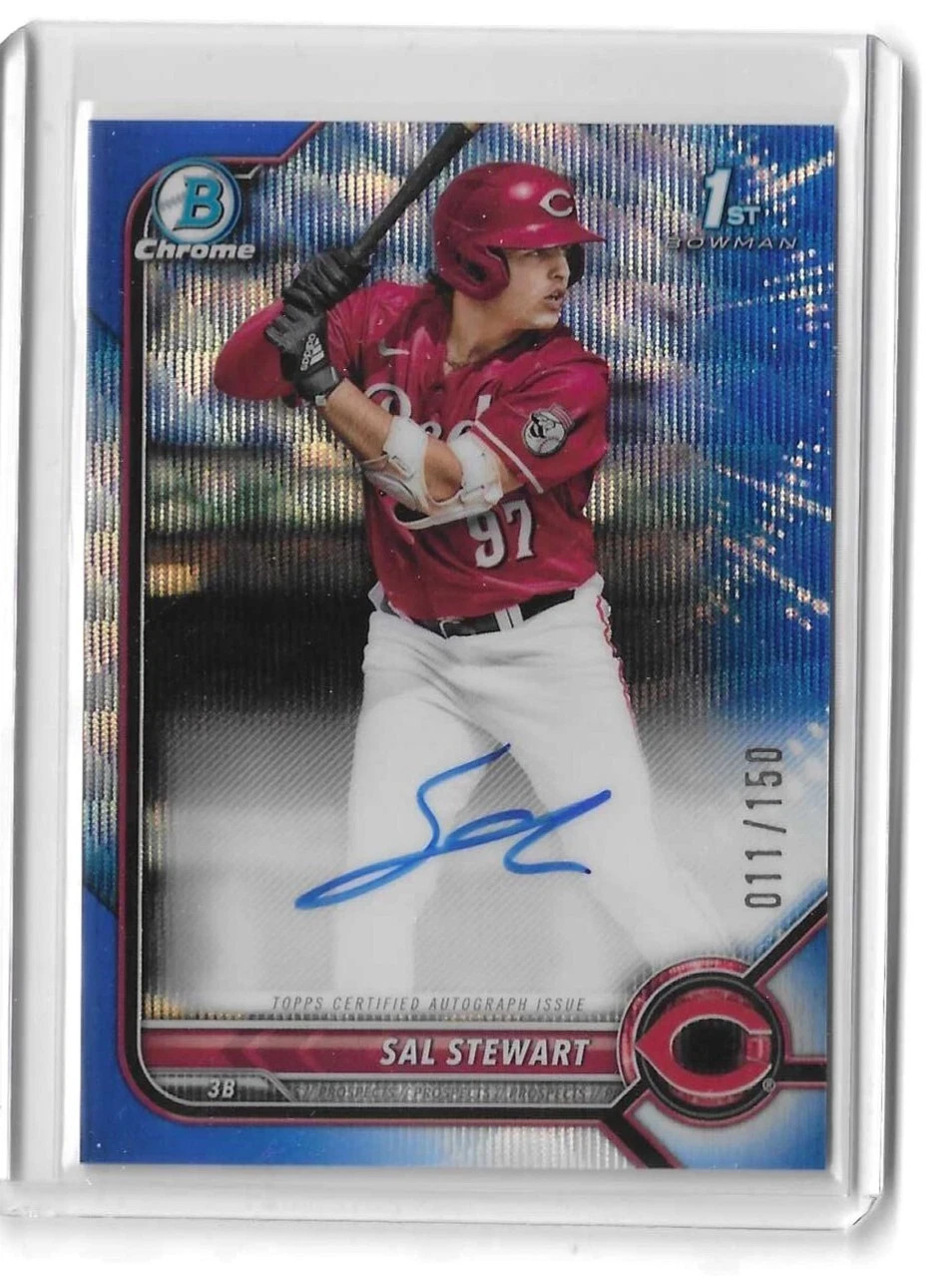 2022 Bowman Draft 1st Blue Wave Sal Stewart Auto 11/150 Reds Prospect