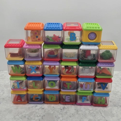 Fisher-Price Peek A Boo Blocks sensory Letters Food Animals Lot Of 28 With Bag
