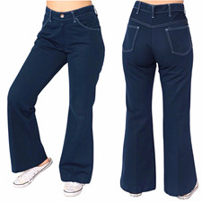 Vintage Farah Womens Flare Pants Size 27 Navy High Rise Contrast Stitching Disco