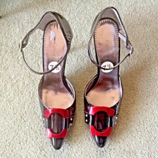 Calvin Klein Womens Black Patent Leather & Red Red 4" High Heel Ankle Strap