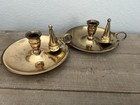 Vtg Set 2 Solid Brass Chamber Style Finger Loop Candlestick Holders W/ Snuffer